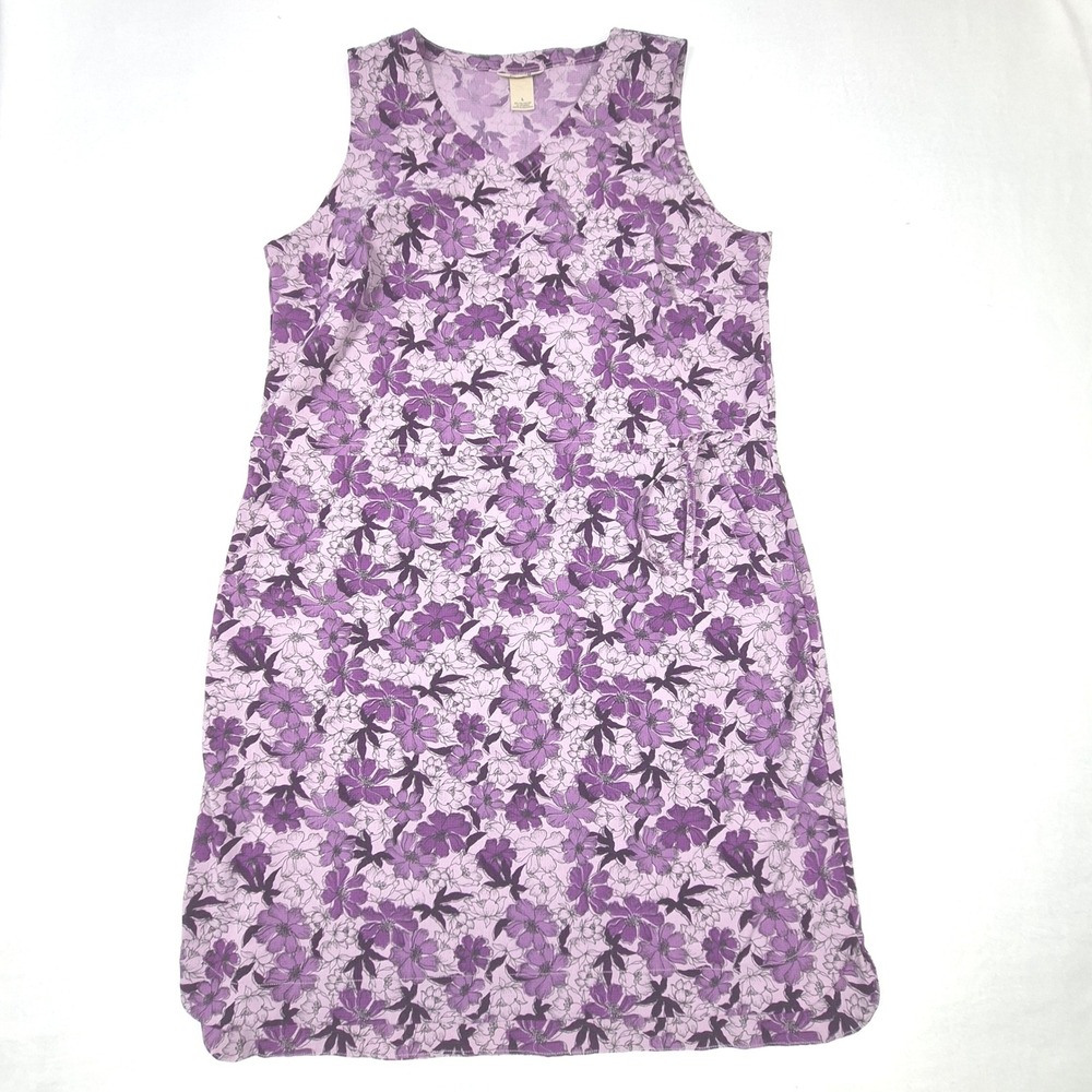 Duluth Trading Dress Womens Large Purple Floral V-Neck Sleeveless Shift Stretch